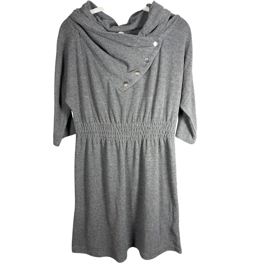 Fossil Womens Grey Knit Cowl Neck Snap Button Smocked Waist Dress Size Small